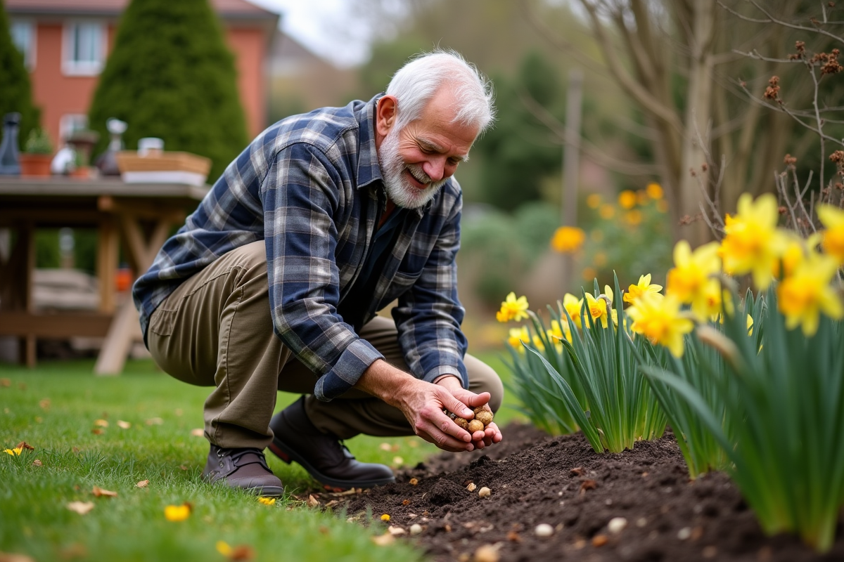 Homme âgé dans le jardin avec bulbes de daffodils