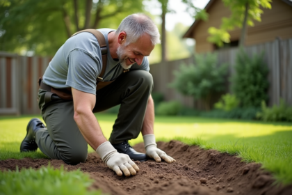 Homme en vêtements de travail semant du gazon à la main
