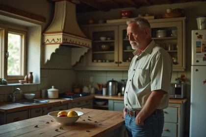 Homme d'âge moyen dans une cuisine rustique observant des mouches