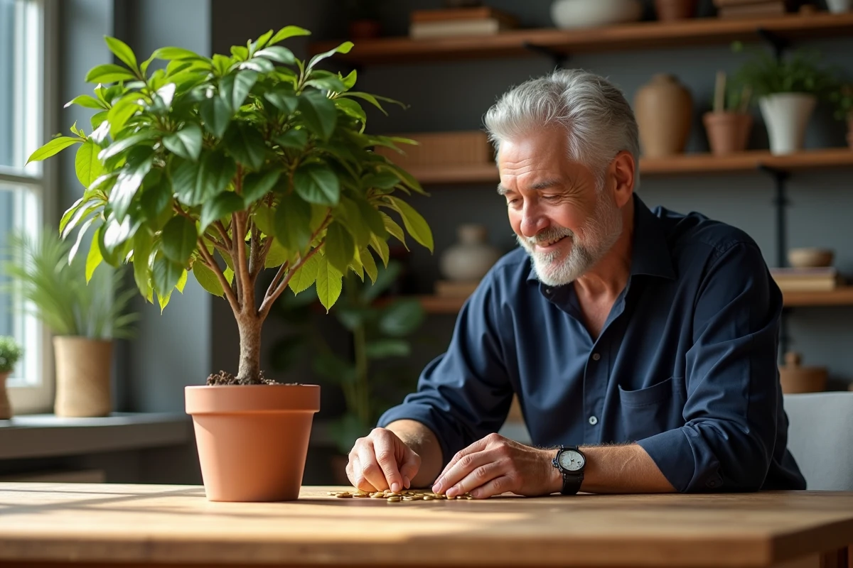 Homme arrangeant des pièces d or autour d un arbre à argent