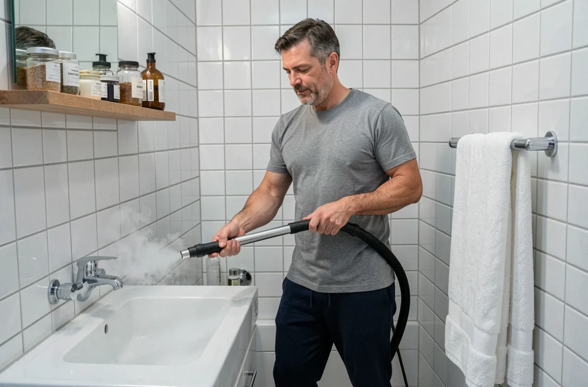 Homme utilisant un nettoyeur vapeur h20 pour désinfecter les carreaux de salle de bain sans produits chimiques