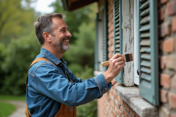 Homme d'âge moyen peignant une fenêtre en extérieur