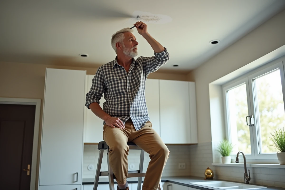 Homme inspectant un plafond peint dans une cuisine moderne