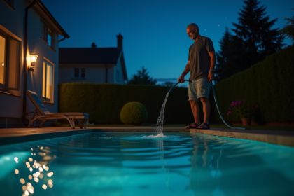 Homme vérifiant le niveau d'eau de sa piscine la nuit dans le jardin