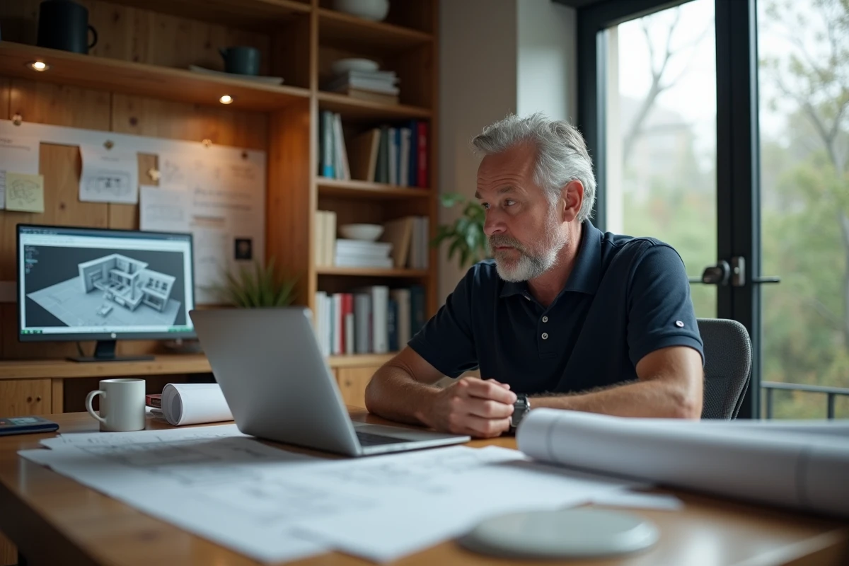 Homme travaillant sur des plans de maison devant un ordinateur portable dans un bureau à domicile organisé