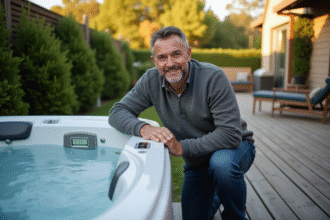 Homme souriant ajuste le spa extérieur dans un jardin