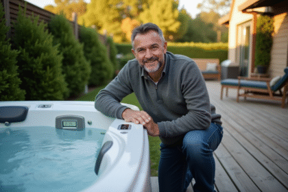 Homme souriant ajuste le spa extérieur dans un jardin