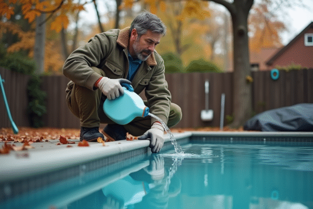 Homme d'âge moyen versant liquide d'hivernage dans une piscine extérieure
