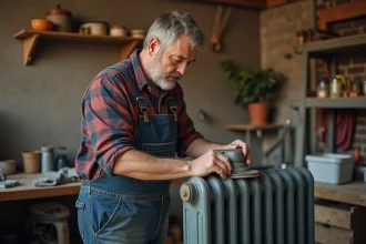 Homme en overalls sablant un radiateur en fer