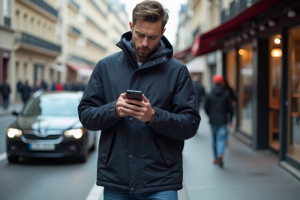 Homme lisant des avis utilisateurs Chaufferapide sur son smartphone dans une rue parisienne