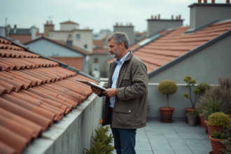 Homme d'âge moyen examine le toit en tuiles d'une maison urbaine