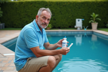 Homme vérifiant l'eau de la piscine avec test kit