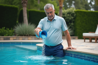 Homme versant des granules de traitement dans la piscine