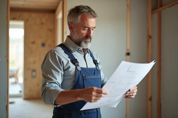Homme en overalls examine des plans de construction dans une rénovation