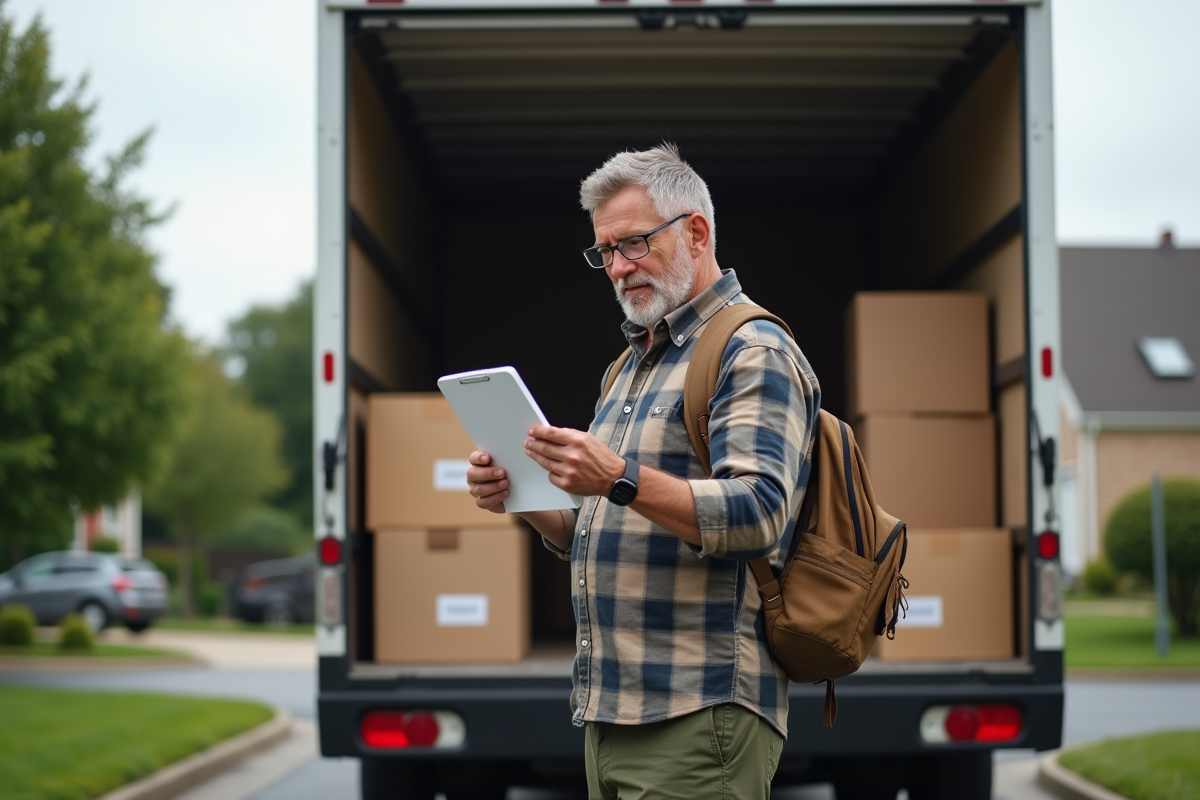 Homme vérifiant une liste à côté d un camion de déménagement dans la rue