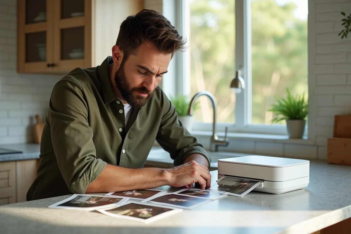 Homme inspectant des photos imprimées sur le comptoir de cuisine