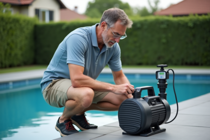 Homme vérifiant la pompe à chaleur de la piscine extérieure