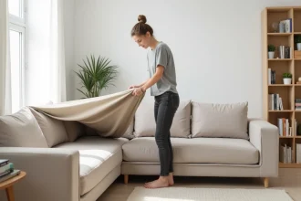 Femme installant une housse de canapé en L sur un grand canapé d'angle dans un salon scandinave minimaliste