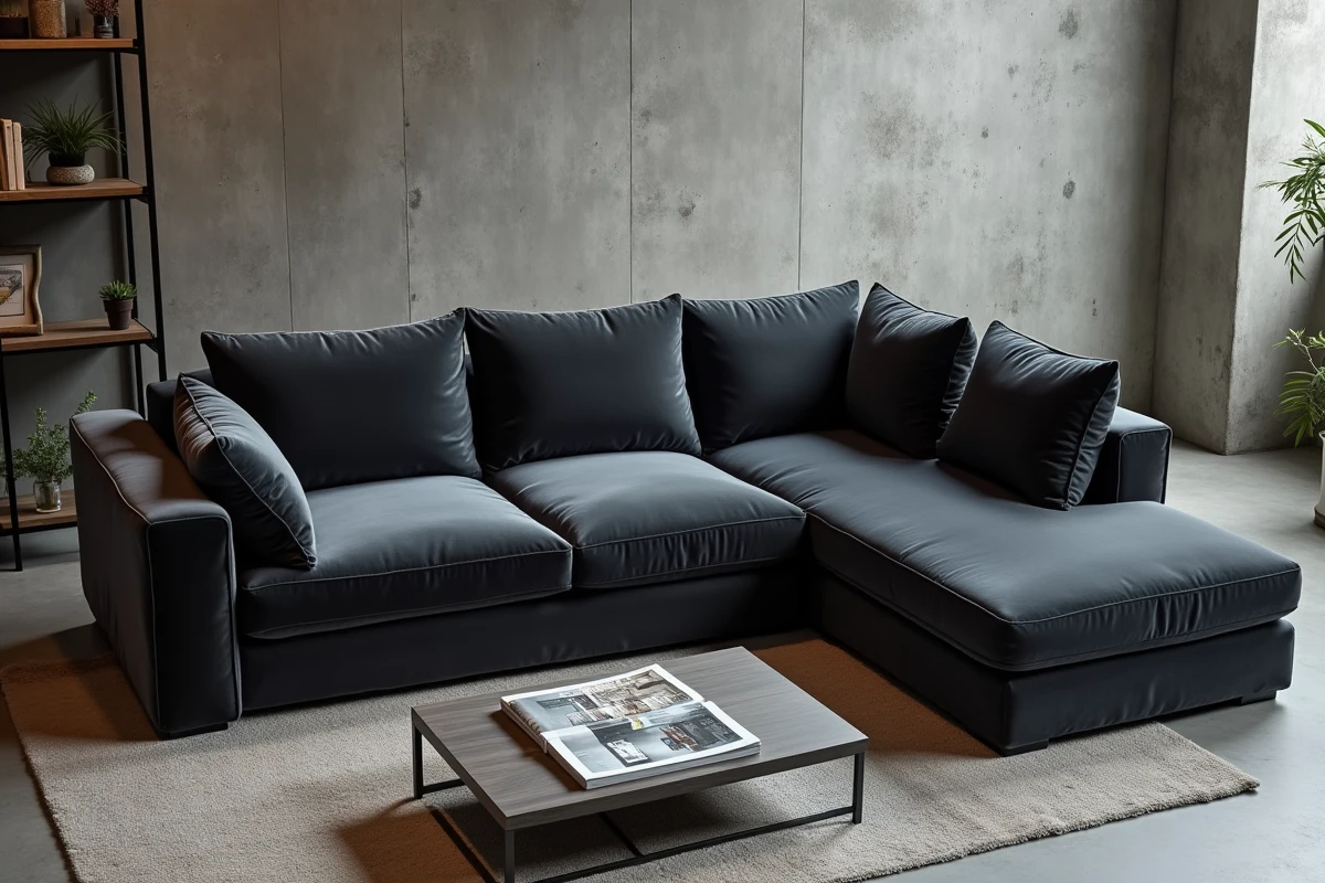 Vue de dessus d'un canapé en L entièrement recouvert d'une housse gris anthracite dans un appartement moderne au style industriel