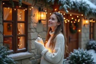 Femme installant des guirlandes lumineuses dorées sur la façade en pierre d'une maison décorée pour Noël sous la neige