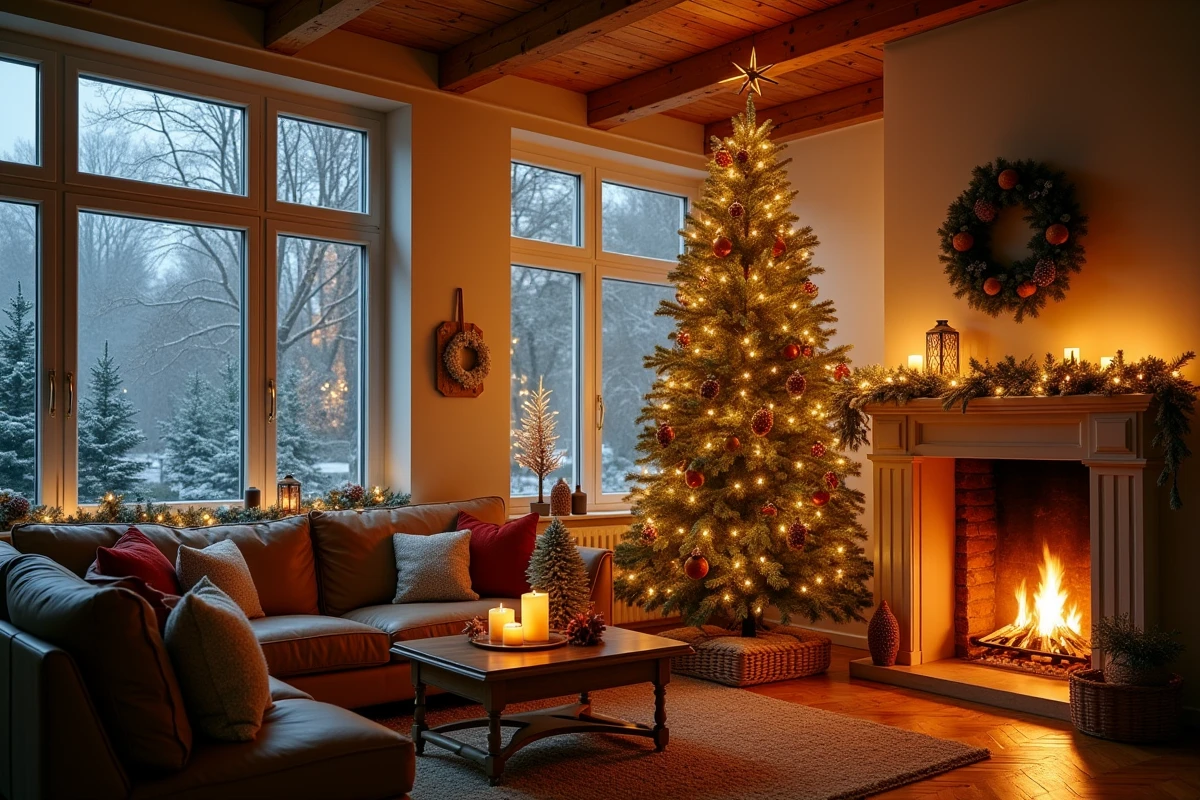 Salon scandinave décoré pour Noël avec sapin illuminé de guirlandes LED, cheminée ornée et ambiance chaleureuse hivernale