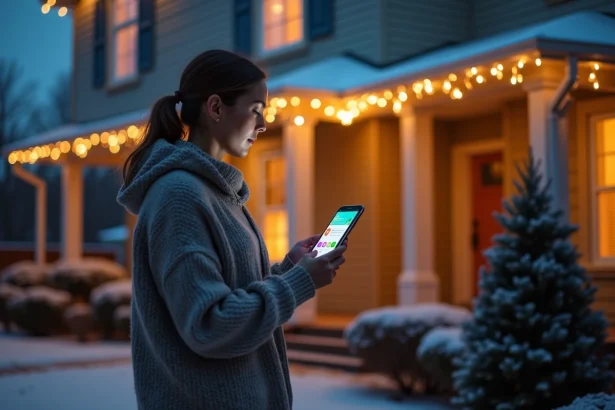 Femme pilotant ses illuminations de Noël extérieures connectées depuis une application smartphone sur le porche de sa maison