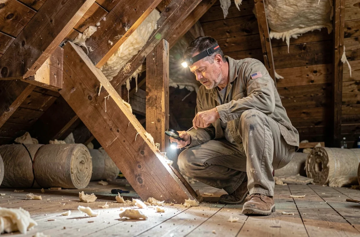 Artisan inspectant des poutres endommagées par le capricorne des maisons dans les combles d'une habitation