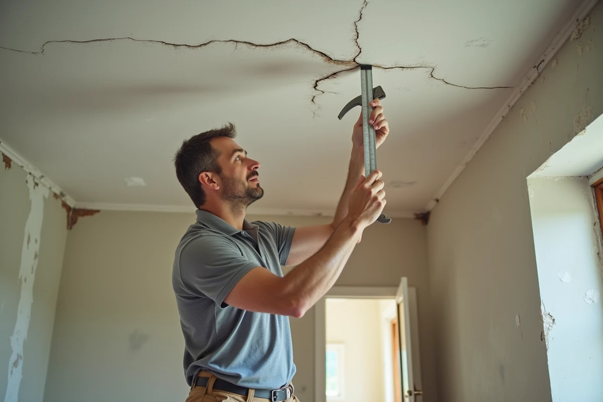 Un professionnel mesure une large fissure structurelle au plafond avec un outil de jaugeage lors d'une inspection de rénovation intérieure
