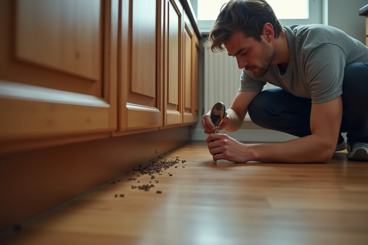 Personne inspectant un nid d'insectes marrons sous un meuble de cuisine avec une loupe