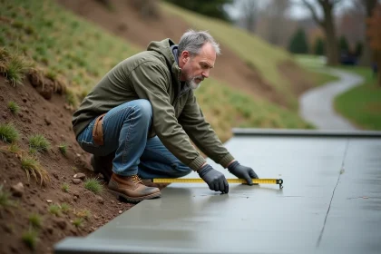 Homme inspectant une terrasse en béton fraîchement coulée