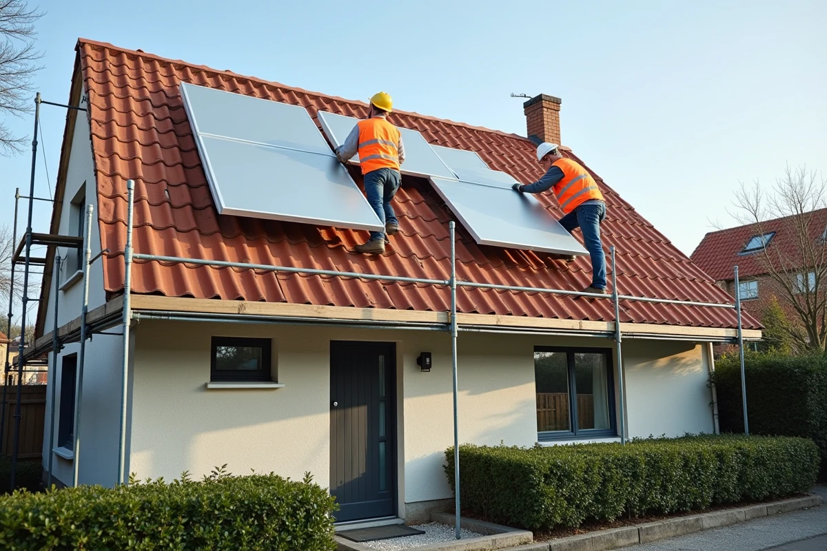 Techniciens installant des panneaux solaires sur le toit d'une maison française en rénovation avec échafaudages et équipements de sécurité