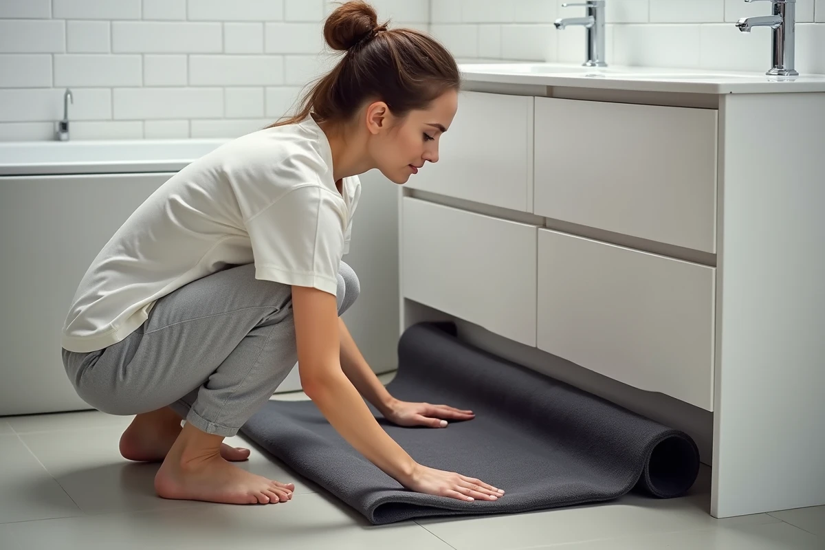 Femme installant un tapis de bain antidérapant sans perçage près d'un meuble vasque dans une salle de bains locative