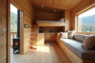Intérieur optimisé d'un chalet en bois de 20m2 avec lit escamotable, coin cuisine et mezzanine