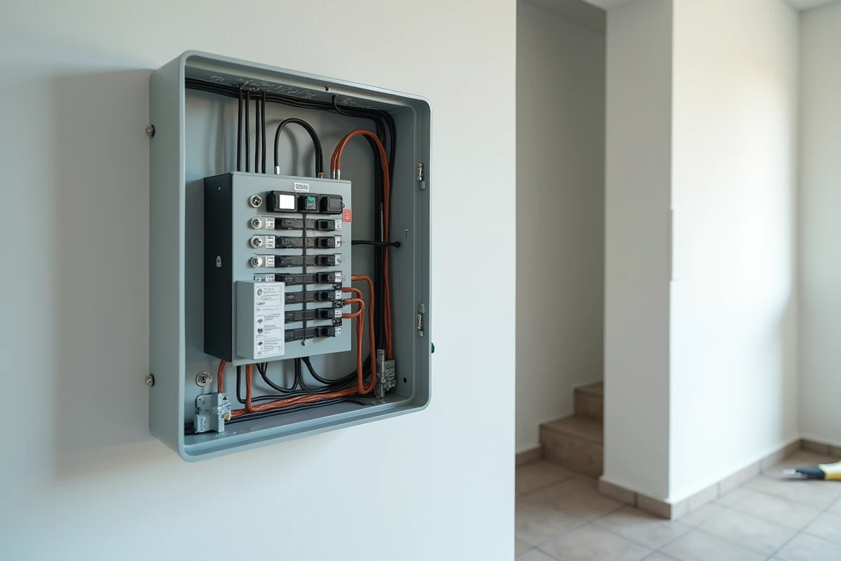 Intérieur d'un GTL ouvert montrant le tableau de répartition, le compteur Linky et les arrivées de câbles organisées