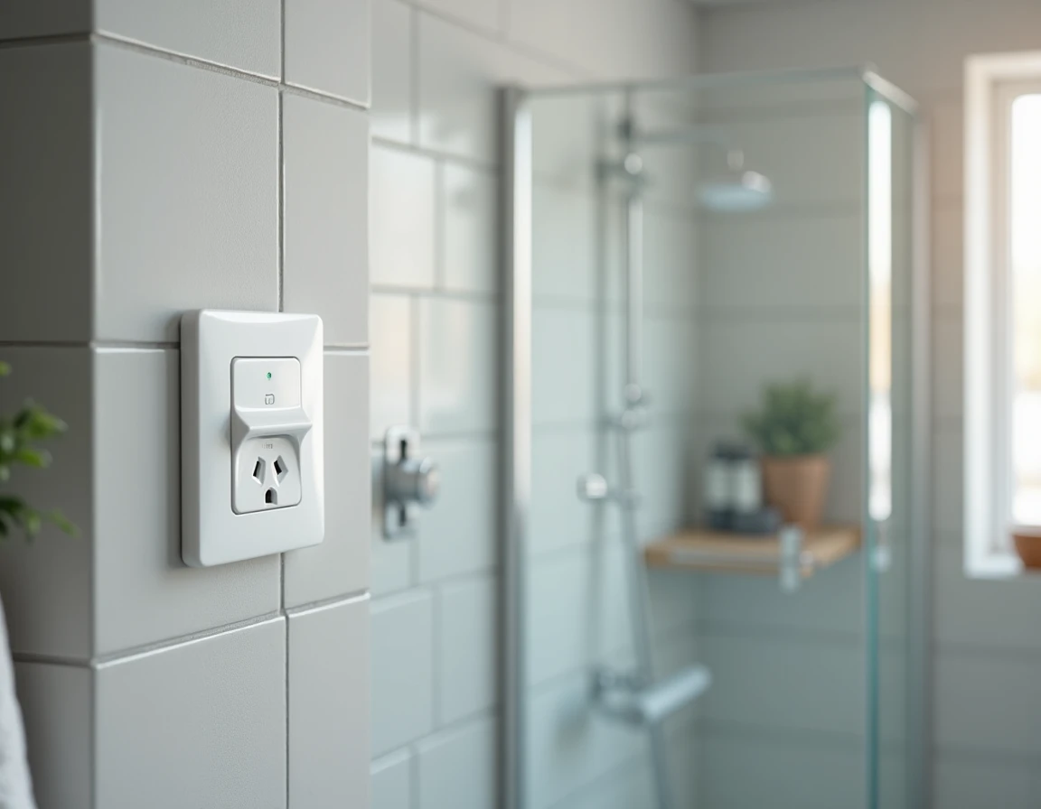 Interrupteur et prise IP44 installés près d'une douche à l'italienne dans une salle de bain moderne