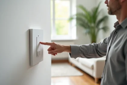 Homme appuyant sur un interrupteur sans fil design dans un salon moderne aux murs blancs