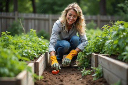 Femme en jardinage inspectant des tomates dans un jardin