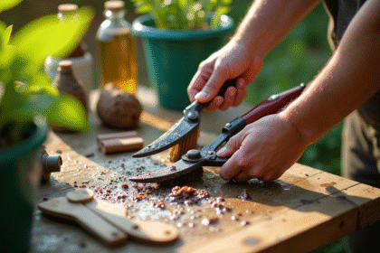 Mains de jardinier nettoyant des sécateurs avec brosse et savon