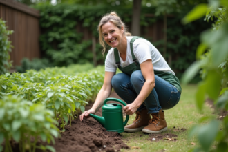 Femme au jardin arrosant des plants de tomates matures