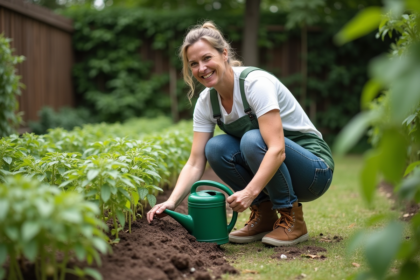 Femme au jardin arrosant des plants de tomates matures