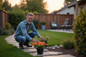 Homme d'âge moyen arrangeant des fleurs dans un jardin en soirée