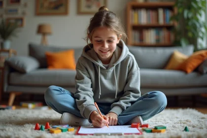 Adolescent souriant écrivant une liste avec objets M