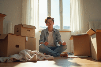 Jeune adulte assis sur le sol d'un appartement vide avec des cartons recyclés
