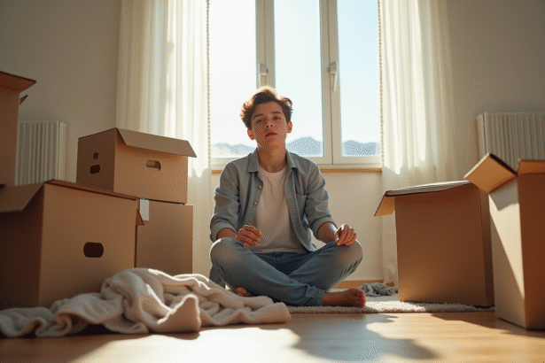 Jeune adulte assis sur le sol d'un appartement vide avec des cartons recyclés
