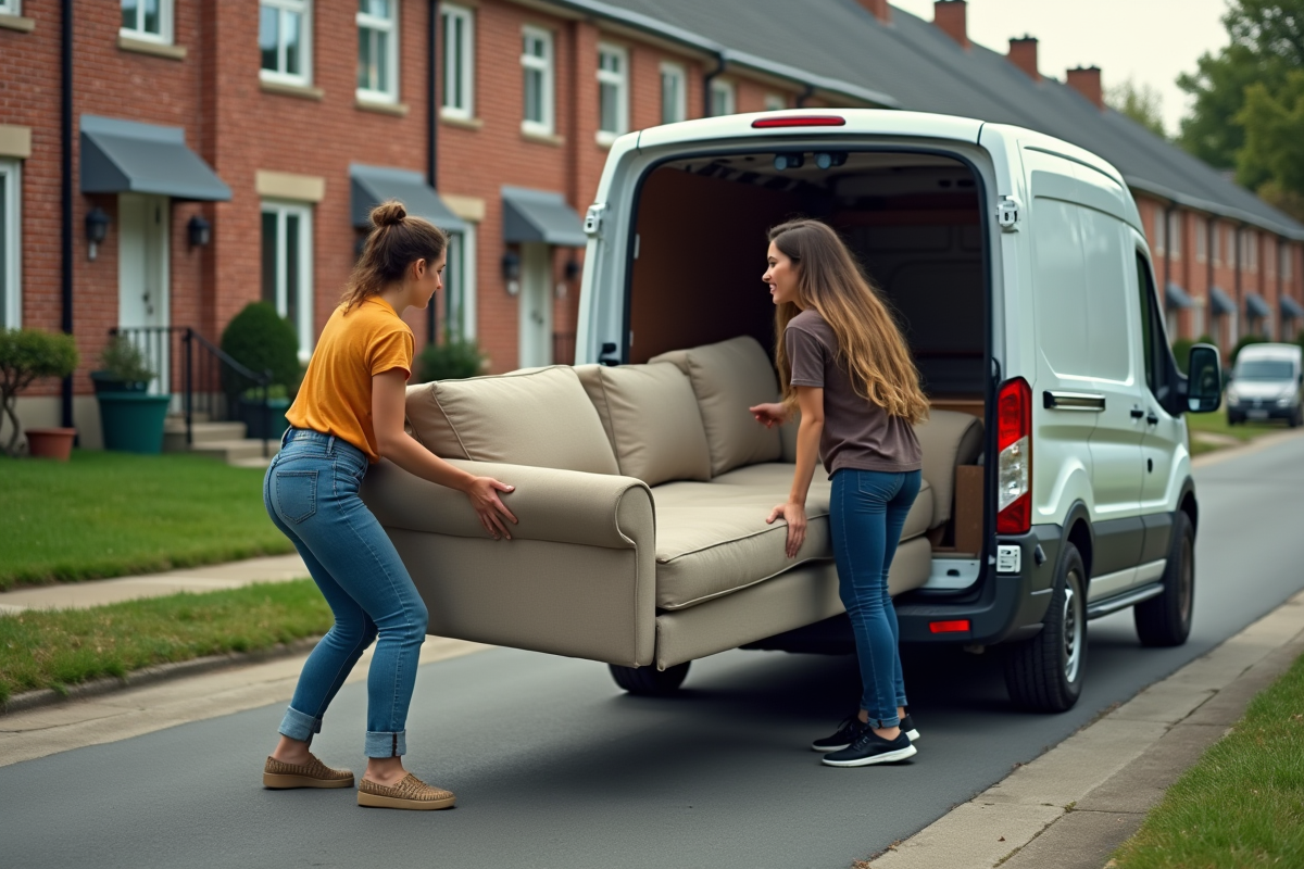 Jeune femme aidant à charger un sofa dans une camionnette dans la rue