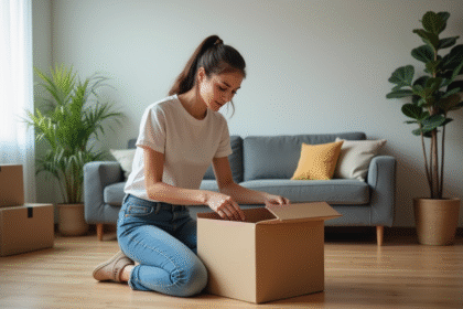 Jeune femme emballant des objets dans une box dans un salon moderne