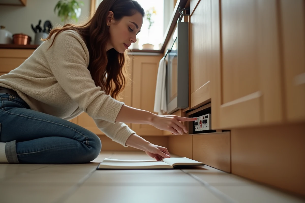 Jeune femme inspecte un tableau électrique sous un meuble de cuisine