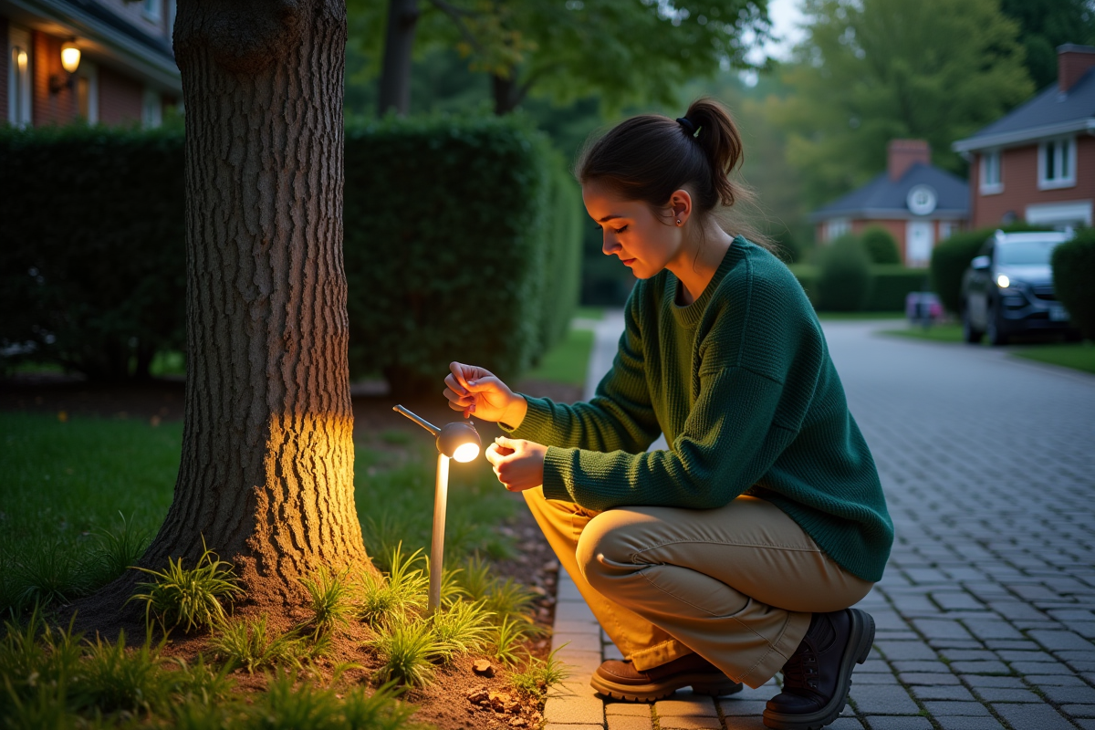 Jeune femme ajustant une lampe sous un érable en soirée