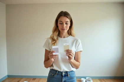 Jeune femme examinant des échantillons de peinture dans un salon rénové