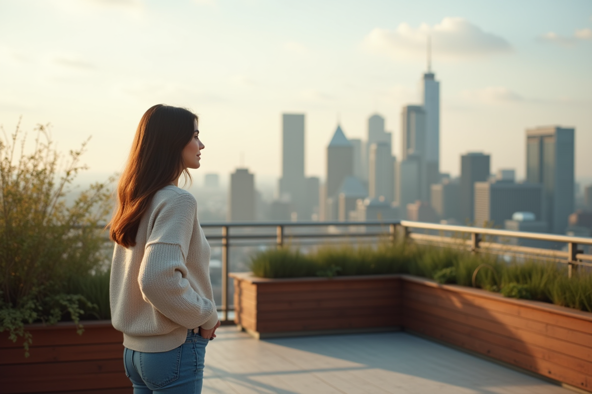 Jeune femme regarde la skyline depuis un toit privé